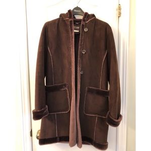 Women’s Suede Brown Fur Trim Coat with Hood